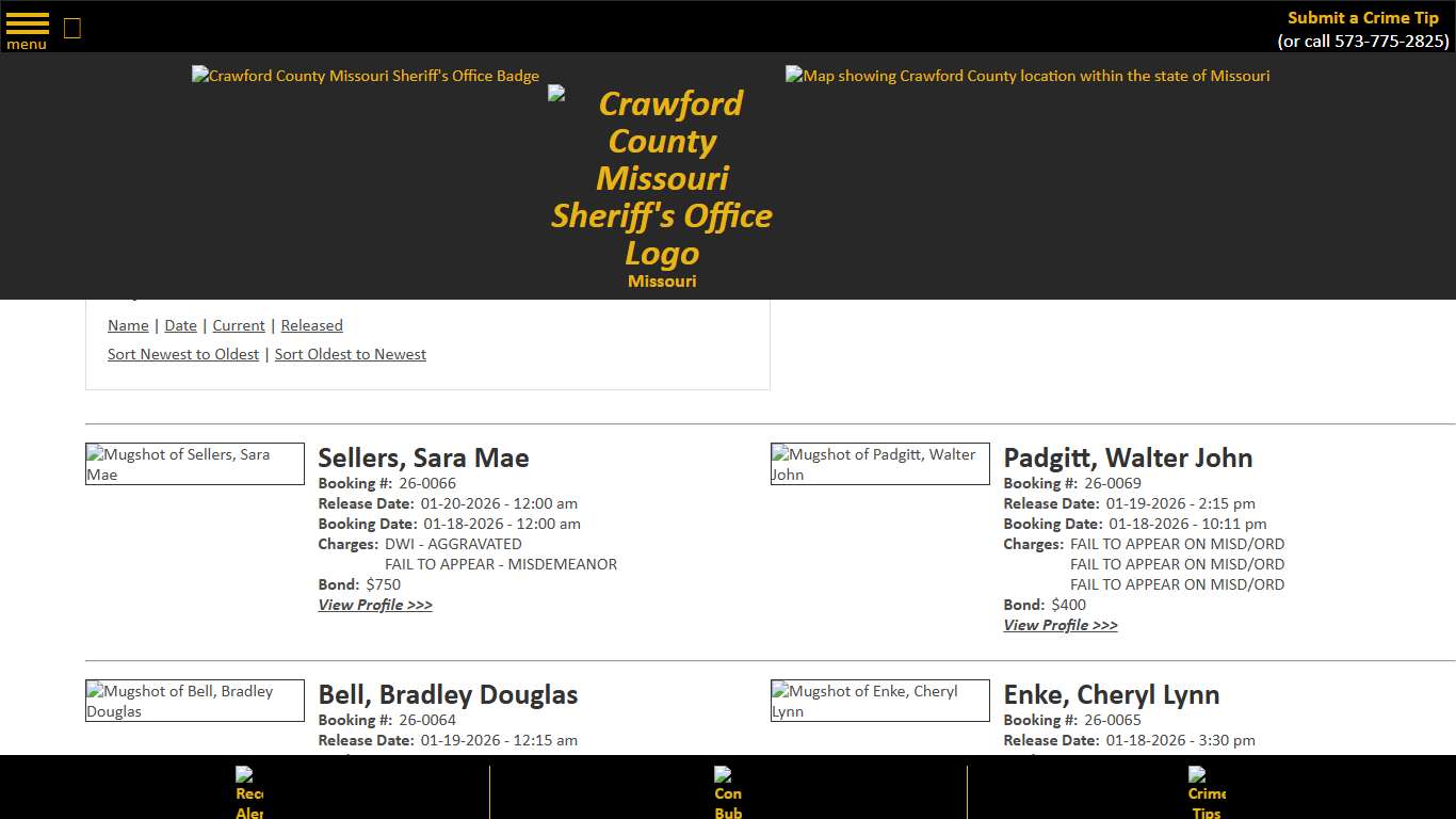 Inmate Roster - Released Inmates Booking Date Descending - Crawford County Sheriff MO