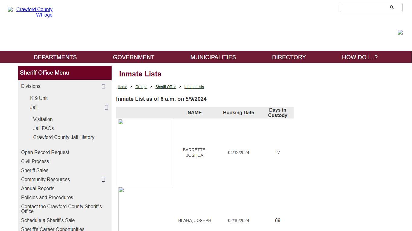 Official Website for Crawford County Wisconsin - Inmate Lists